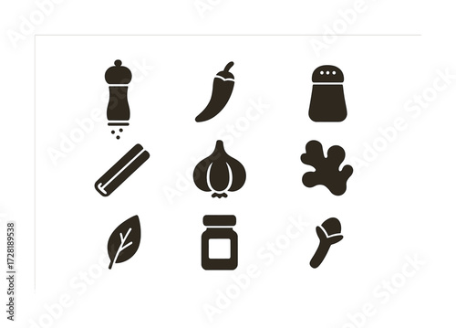 Set of spice and herb icons including pepper, chili, garlic, and ginger