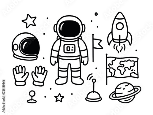 Space exploration elements: astronaut, rocket, planets, stars, and flags in black and white