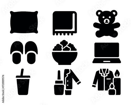 Cozy home essentials collection featuring comfort items and relaxation symbols