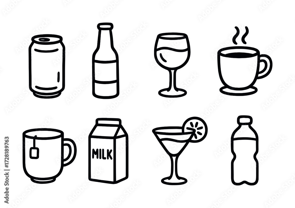 Fototapeta premium Collection of hand-drawn beverage icons including milk, wine, coffee, and soda