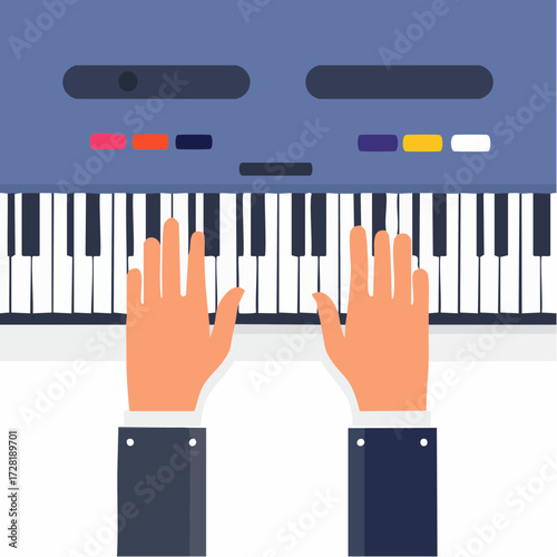 Hands Playing a Blue Electronic Keyboard Instrument with White Keys Vector Illustration