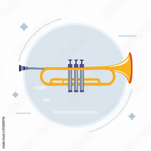 Stylized Illustration of a Trumpet with Blue and Yellow Accents and Decorative Elements on a White Background