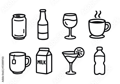 Collection of hand-drawn beverage icons including milk, wine, coffee, and soda