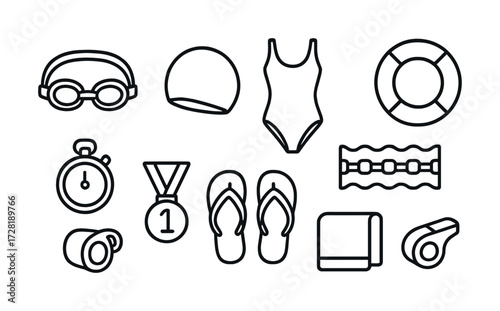 Swimming gear outline icons: goggles, swimsuit, stopwatch, medal, more