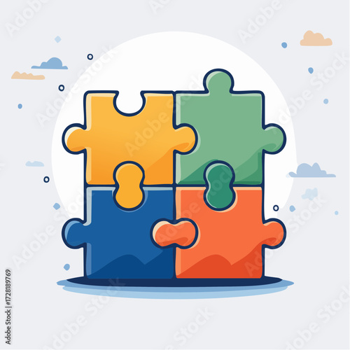 Illustration of Four Colorful Puzzle Pieces on a White Background with Clouds and Dots