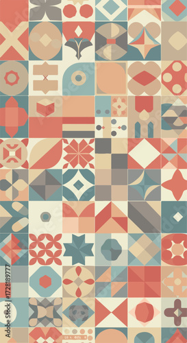 Geometric pattern design with colorful shapes and artistic arrangement.