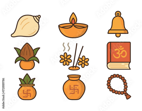 Hindu ritual icons set: conch, lamp, bell, pot, incense, book, garland