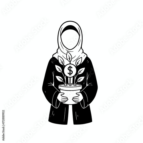 A woman in a hijab and traditional clothing holds a potted plant with a dollar sign, symbolizing financial growth.