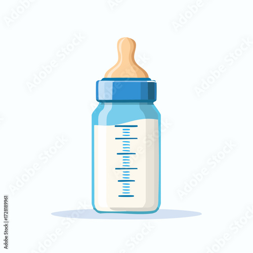 Isolated Vector Illustration of a Baby Bottle Filled With Milk in Blue and White Colors