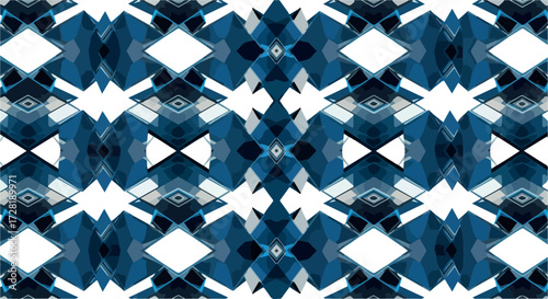Geometric pattern of blue and white diamonds and triangles repeating.