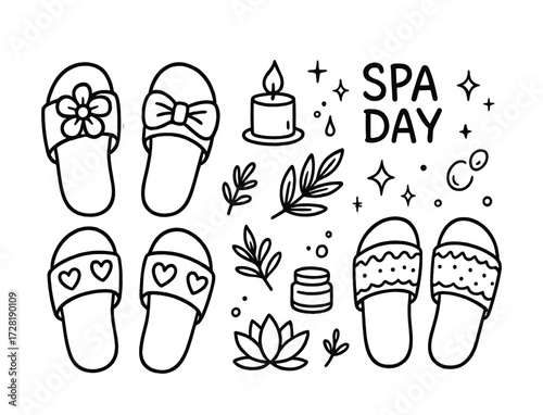 Spa day outline with slippers, candle, and floral elements for relaxation