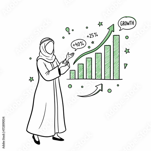 An arab woman in traditional dress presents a bar graph showing growth and positive percentages.