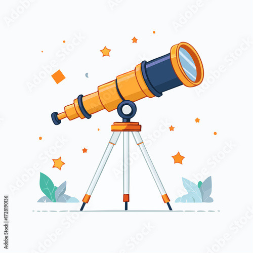 Illustration Of A Golden Telescope On Tripod Amongst Scattered Stars And Decorative Elements