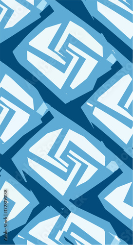 Geometric pattern of blue and white shapes creating a repeating design.