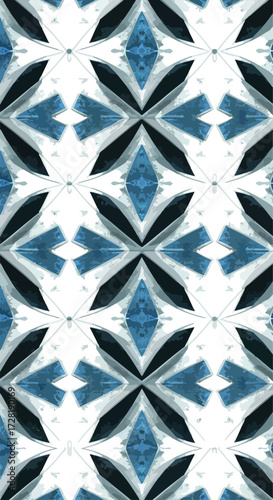 Geometric pattern of blue and white repeating shapes creating a visual design.