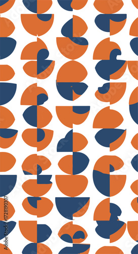 Geometric pattern of orange and blue semi circles on white background.