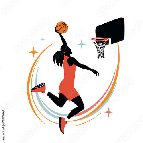 Vector art of a basketball player performing a slam dunk with motion lines. Bold, flat, and minimal design style, isolated for use in posters, branding, and sports media projects.