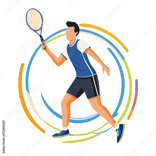 Minimalist vector illustration of a tennis player serving the ball, with clean lines and motion arcs. Flat isolated design suitable for sports graphics, posters, and editorial use.
