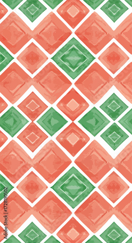 Geometric pattern of red and green diamond shapes on white background.