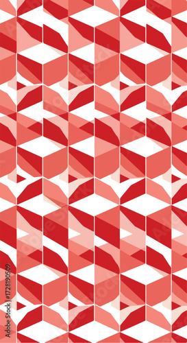 Geometric pattern of red and white shapes creating a repeating design.