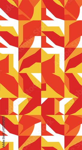 Geometric pattern of red and yellow shapes creates a vibrant design.