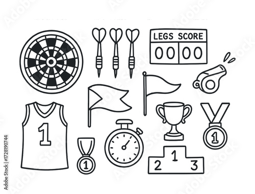 Collection of sports icons: dartboard, medals, whistle, stopwatch, trophy, jersey