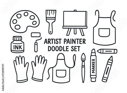 Artist painter doodle set with easel, paintbrush, palette, and art supplies