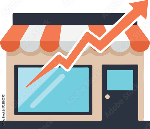 Shopfront with rising arrow indicating business growth and success in the market.