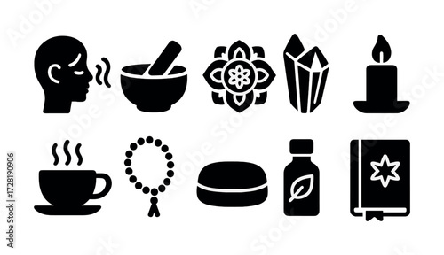 Holistic wellness icons: aromatherapy, meditation, crystals, candle, tea, spirituality, mindfulness