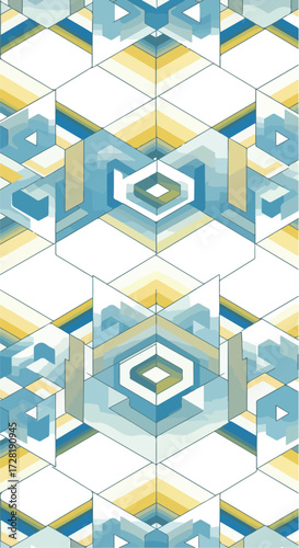 Geometric pattern with blue and yellow shapes abstract design artistic composition.