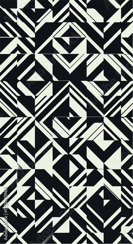 Geometric pattern with black and white shapes and lines creating a dynamic design.