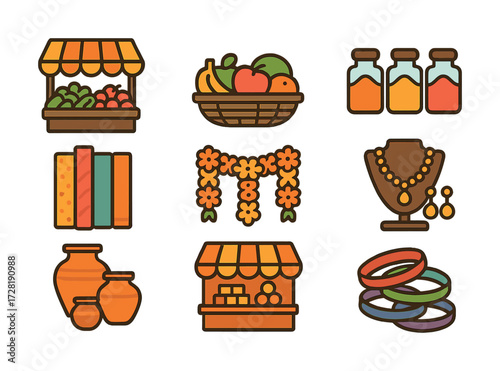 Colorful market icons with stalls, fruits, spices, textiles, jewelry, pots, flowers, bangles