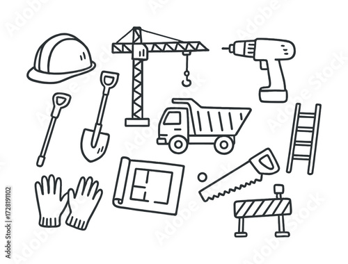 Construction equipment sketches featuring hard hat, crane, drill, and more