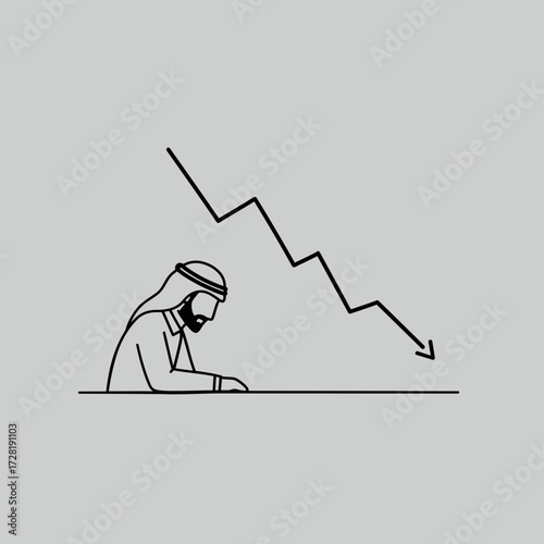 A man in traditional attire observes a downward trending graph, looking concerned.