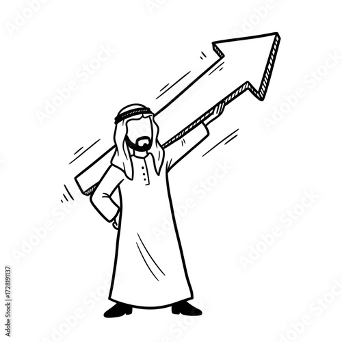 Sketch of a man in traditional Arab clothing holding an upward pointing arrow, symbolizing growth or success.