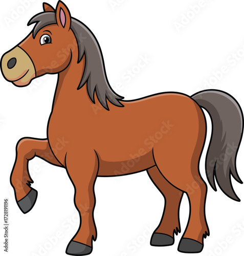 Cartoon horse, brown body, dark mane, raised leg, friendly expression, vector art, playful pose, farm animal, kids illustration, equine character