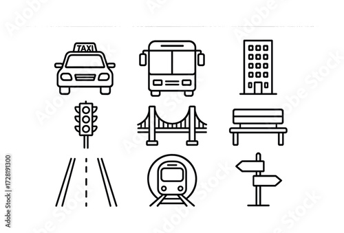 Urban transportation and infrastructure icons set: taxi, bus, building, bridge, bench, traffic light, road, train, signs