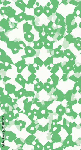 Geometric pattern with green and white shapes creating a symmetrical design.