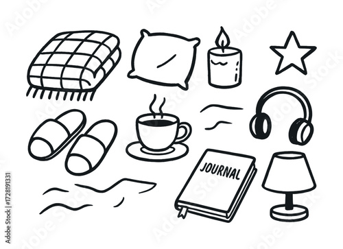 Cozy home essentials including blanket, pillow, candle, and more illustrated in black and white