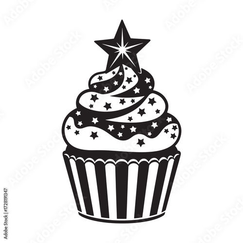 Black silhouette of a cupcake with stars and a star topper on white background Keywords: Cupcake, cake, dessert, sweet, treat, Christmas Day
