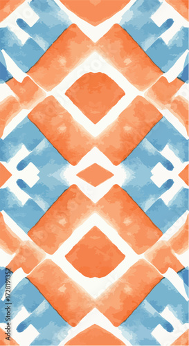 Geometric pattern with orange and blue diamonds repeating symmetrically.