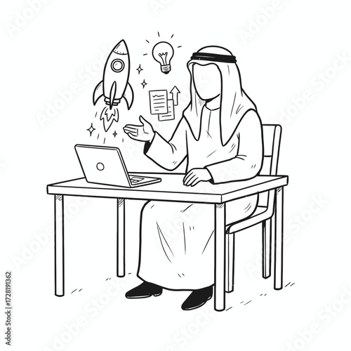 An Arab man in traditional attire working on a laptop with startup concepts.