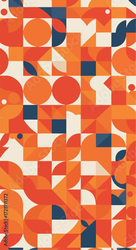 Geometric pattern with orange and blue shapes on a cream background.