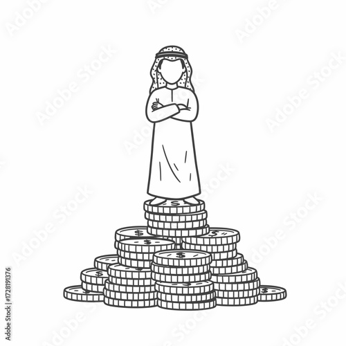 Line art illustration of a person in traditional Arab clothing standing on a large pile of coins with arms crossed.