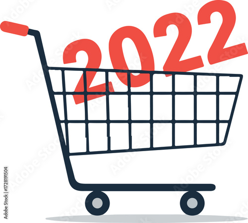 Shopping cart filled with the year 2022 representing consumerism and trends.