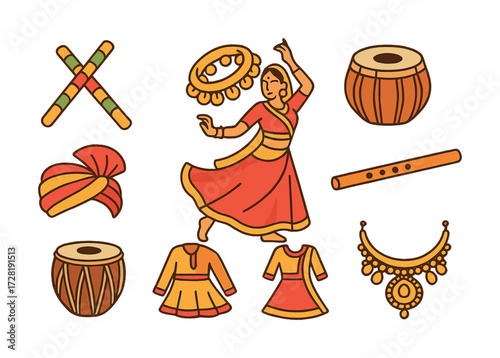 Indian dance and musical instruments set with female dancer in traditional attire
