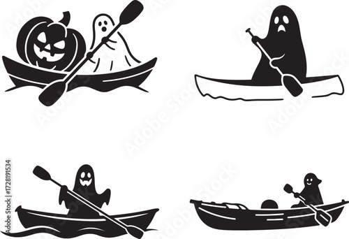 Black silhouette ghost Halloween Spooky Ghosts Rowing Kayaks with Pumpkins on Halloween