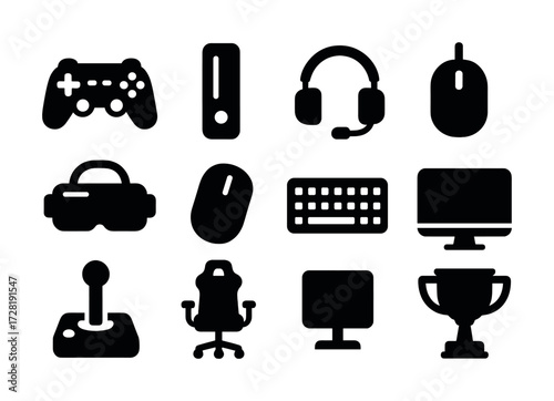 Collection of gaming icons: controller, headset, vr, keyboard, trophy
