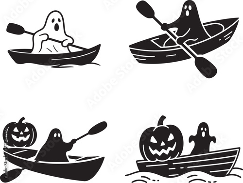 Black silhouette ghost Halloween Spooky Ghosts Rowing Kayaks with Pumpkins on Halloween