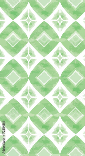 Geometric pattern with green diamond shapes and white star details.